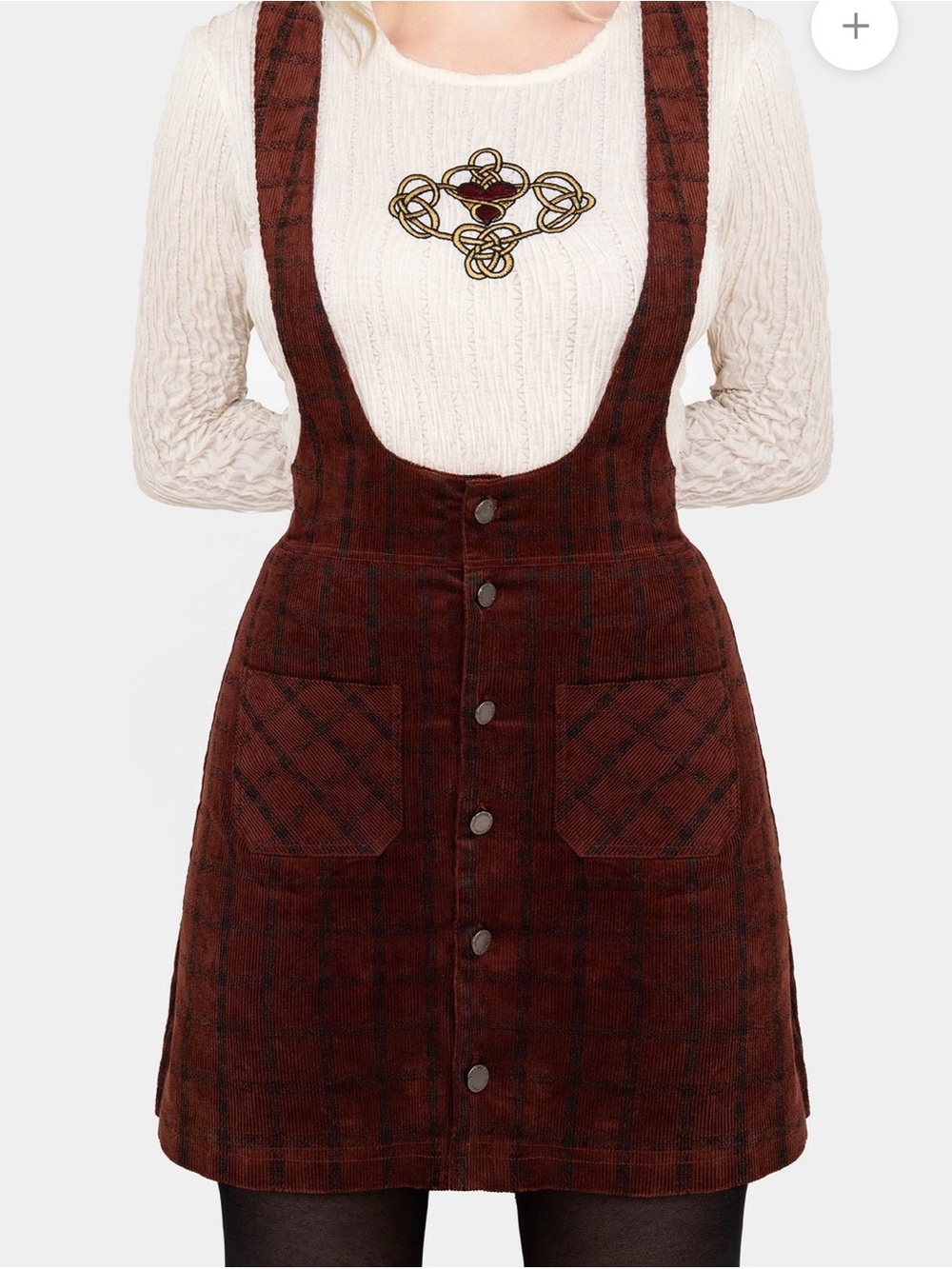 Disturbia Terracotta Check Cord Mini Pinafore Skirt - Picture 4 of 10